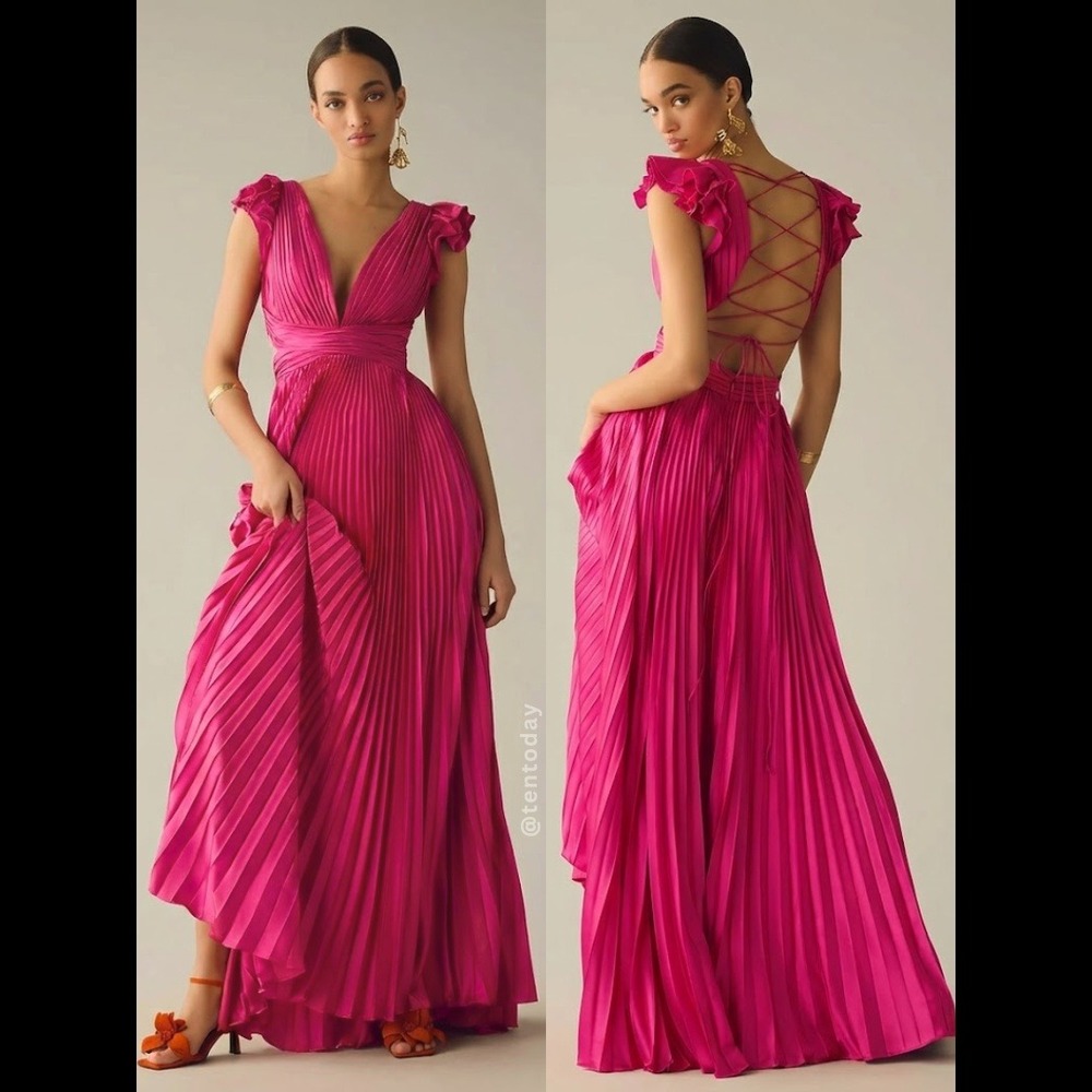 $498 Mac Duggal Size 0 Pink Pleated Corset Lace Up Back Ruffle Gown Maxi Dress